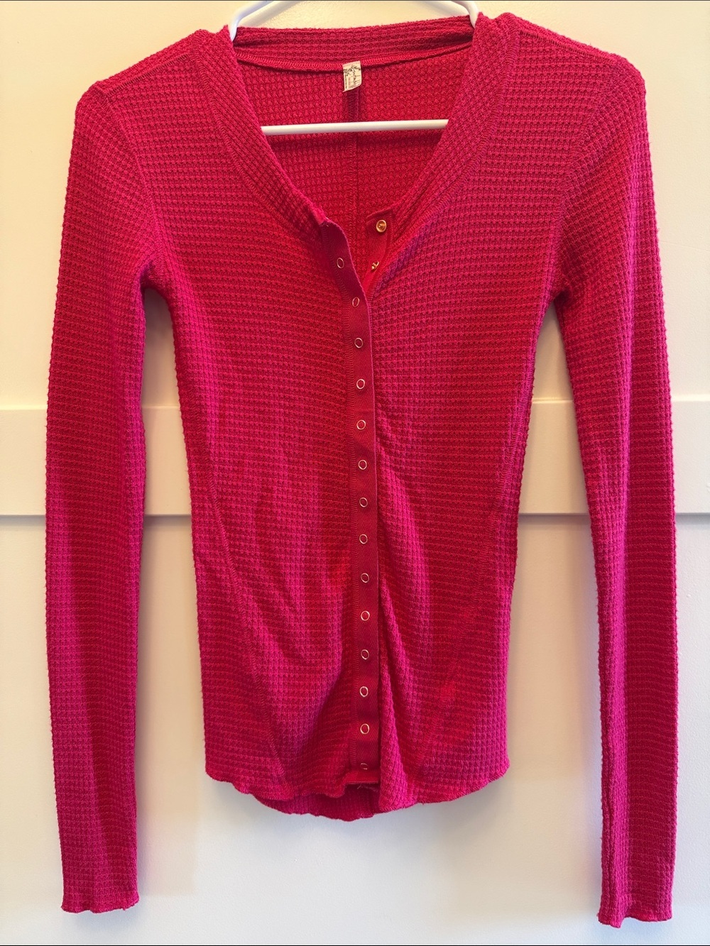 Intimately Free People Songbird Waffle Knit V-Neck Thermal Top Hot Pink XS